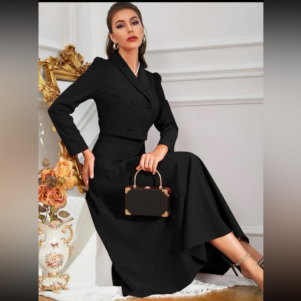 Solid Double Breasted Shawl Collar Blazer & Skirt (XL 12)